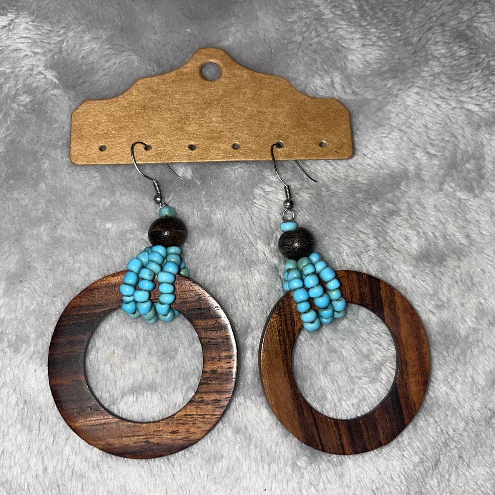 Wooden Hoop Earrings with Turquoise Beads